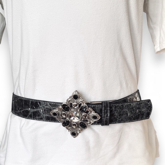 Leatherock Black Crackle Leather Belt Square Crystal Buckle main image 7